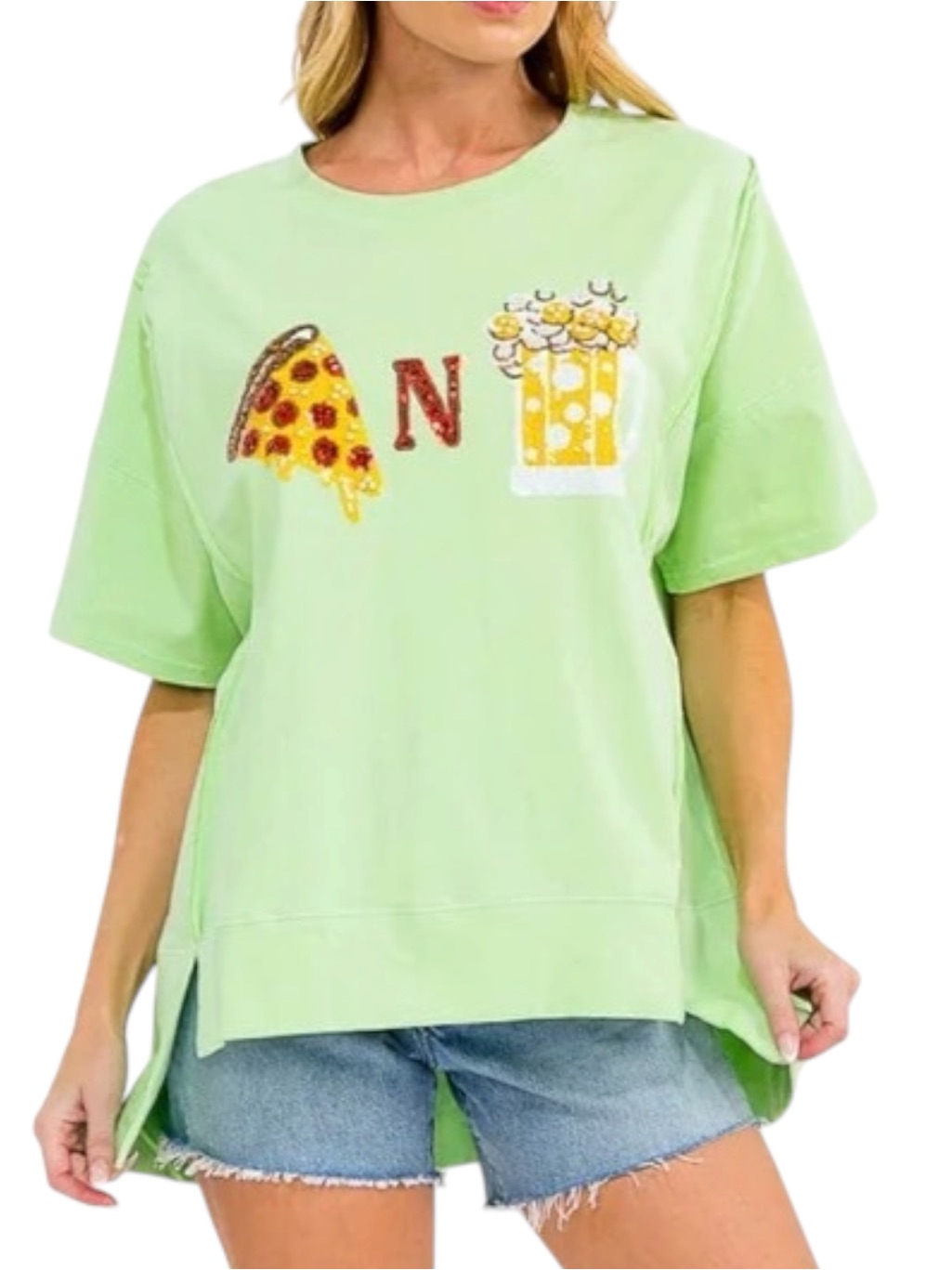 7061. Fantastic Fawn Light Green Graphic Tee With Pizza & Beer Motif